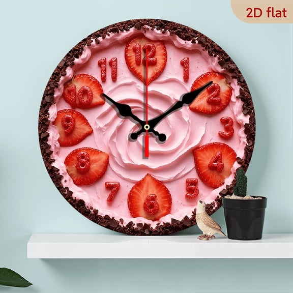 2D Flat 1pc 10Inch Wooden Strawberry-Themed Room Wall Clock with Pink Strawberry Numbers Hands, Silent Movement, Large Round Face - Artificial Wood Pink White Decor, (Batteries Not Included)