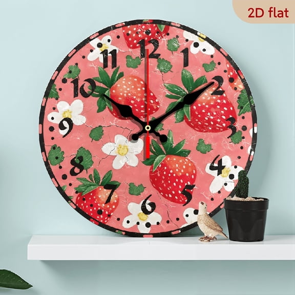 2D Flat 1pc 10Inch Wooden Strawberry and White Flower Wall Clock, Silent Non Ticking 10 Inch Battery Operated Wall Clocks, Easy to Read Clock for Home Kitchen Living Room Bathroom