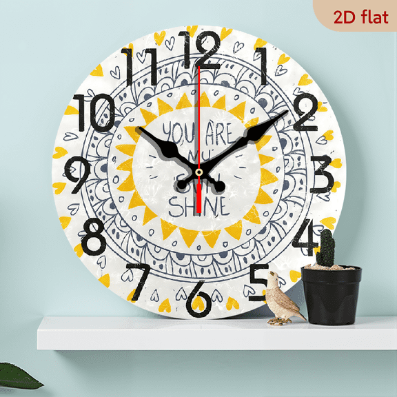 2D Flat 1pc 10Inch Wooden Stylish and Beautiful Pattern You are My Sunshine Print Round Wall Clock Decorative, Battery Operated Quartz Analog Quiet Desk Clock for Home, Office, School