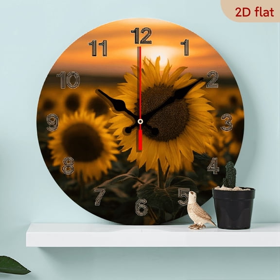 2D Flat 1pc 10Inch Wooden Sunflower Sunset Round Silent Quartz Wall Clock - Vibrant Floral Design with Black Hands Numbers, Wooden Frame, Perfect for Bedroom, Kitchen, Office Decor - Ideal Birthday