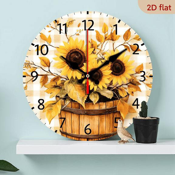 2D Flat 1pc 10Inch Wooden Sunflower Wall Clock Vintage Clock Silent Non Ticking Clocks Battery Operated for Home Living Laundry Room Kitchen Bedroom Office
