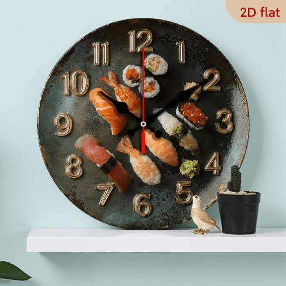 2D Flat 1pc 10Inch Wooden Sushi-Themed Wall Clock with Maki, Salmon Nigiri Tamago Roll - Movement, Large Easy-Read Numbers, Text Labels, Composite Wood Decor, Room, Restaurants