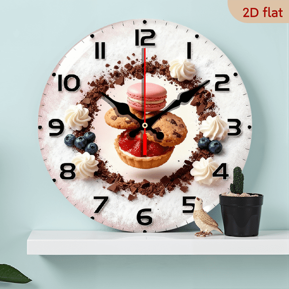 2D Flat 1pc 10Inch Wooden Sweet Dessert-Themed Silent Wall Clock with Macaron Cupcake Design - 10 Inch Round French Pastry Numbers Movement, Swiss Mechanism, Artificial Wood Frame Room