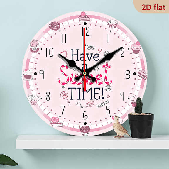 2D Flat 1pc 10Inch Wooden Have A Sweet Time Desserts Theme Silent Quartz Wall Clock Modern Design for Bakery Kitchen Room Wall Art Sweetmeats Hanging Non Ticking Wall Watch