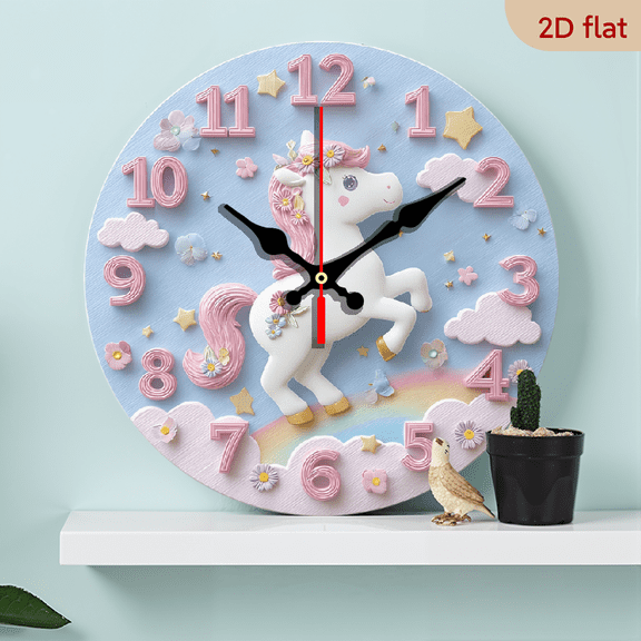 2D Flat 1pc 10Inch Wooden Unicorn Dreamy Wooden Wall Clock with Pastel Floral Design Safe Corner Alarm, Non-Luminous, Perfect for Living Room, Bedroom, Kitchen, Office, and More Ideal Holiday Gift