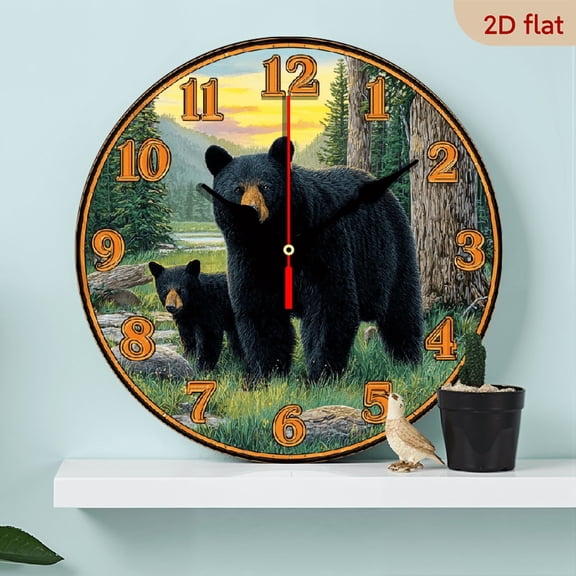 2D Flat 1pc 10Inch Wooden Vintage Black Bear And Themed Wooden Round Wall Clock, Farmhouse Style Home Decor, Suitable for Kitchen, Bedroom, Office, Silent Operation, Battery Not Included