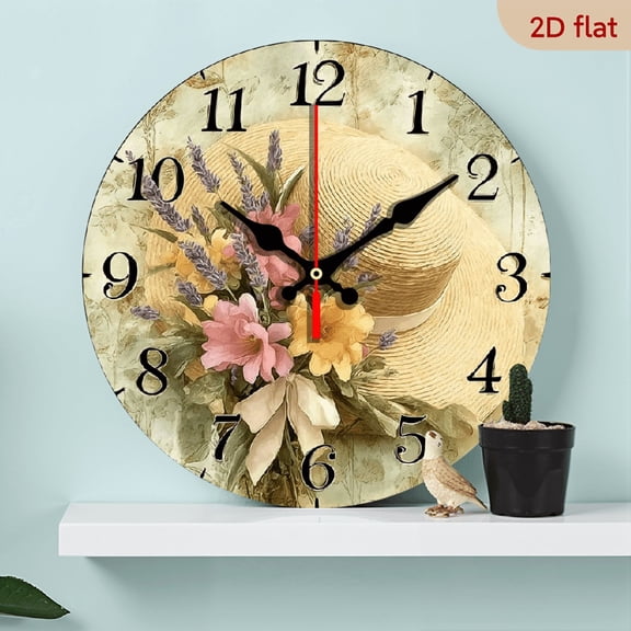 2D Flat 1pc 10Inch Wooden Vintage Floral Hat Wall Clock - Non-Ticking Wooden Round Clock with Lavender Floral Design, 20cm Sizes for Office, Living Room, Reception, Lounge, Waiting Area