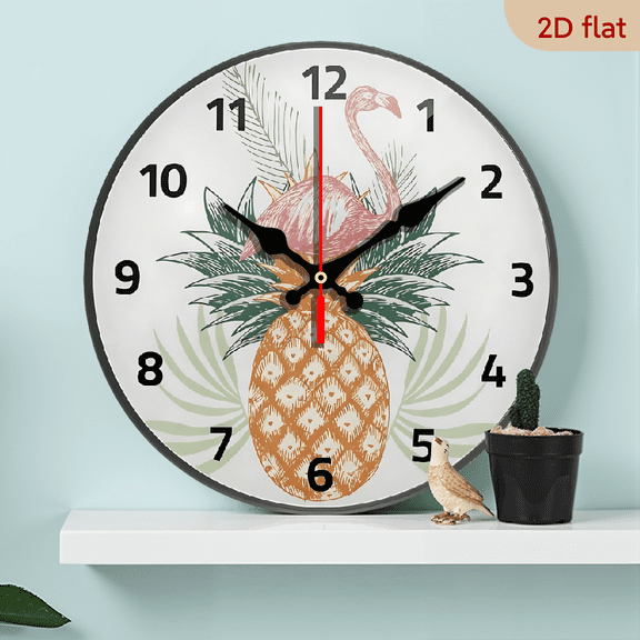 2D Flat 1pc 10Inch Wooden Vintage Pink Flamingo On Pineapple Wall Clock Battery Operated Silent Non Ticking Clocks for Living Room Decor
