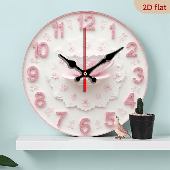 2D Flat 1pc 10Inch Wooden Vintage Pink Floral Wall Clock with Teacup Floral Accents - Elegant Round Wall Clock with Face Pink Number 12, 1, 2, 3, 4, 5, 6, 7, 8, 9, 10, 11, Bedroom, Office, Kitchen