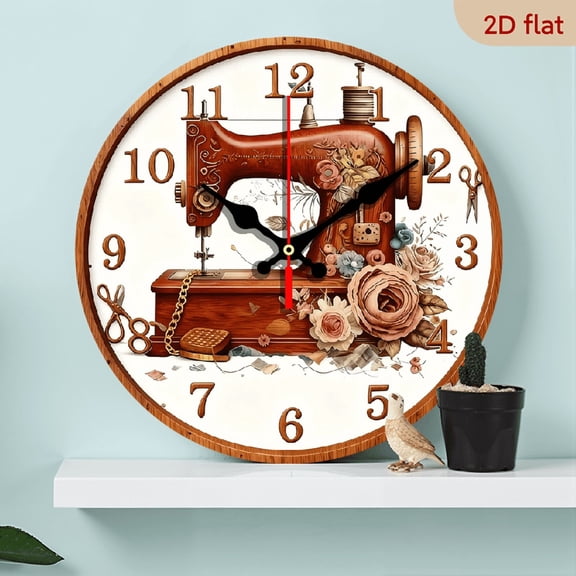 2D Flat 1pc 10Inch Wooden Vintage Sewing Machine Wall Clock - Silent Non-Ticking Round Clock with Thread Spool Design, Retro for Office Decor, (No Batteries Included) - Unique Gift for Sewing