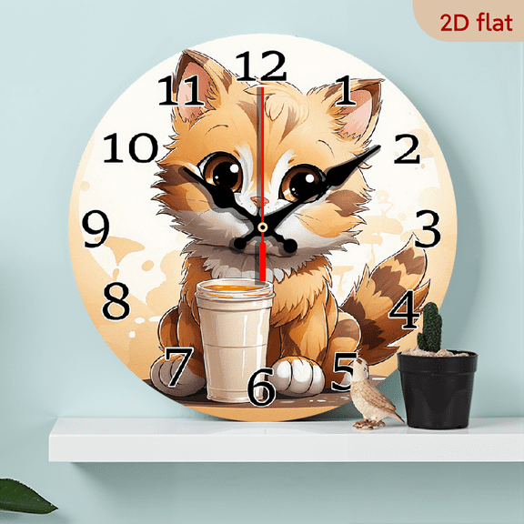 2D Flat 1pc 10Inch Wooden Wall Clock with Adorable Orange Kitten Beverage Design Silent Round Analog Clock, Perfect for Living Room, Bedroom, Kitchen, or Office Decor Ideal Birthday or Holiday Gift