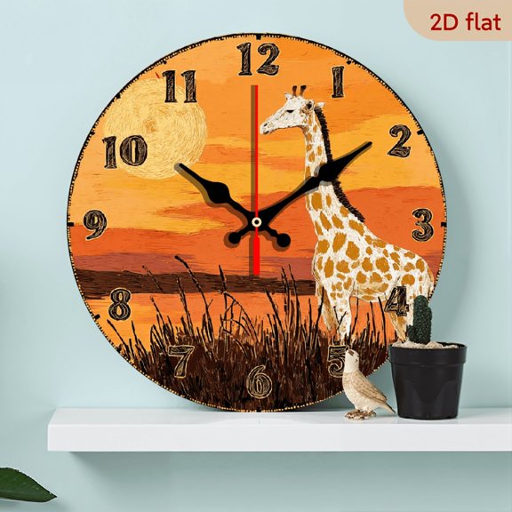 2D Flat 1pc 10Inch Wooden Wall Clock, Animal Theme - Giraffe Silhouette Pattern Design in Sunset, Silent Clock, Suitable for Living Room, Bedroom, Kitchen, Office Decoration, Modern Home Decor