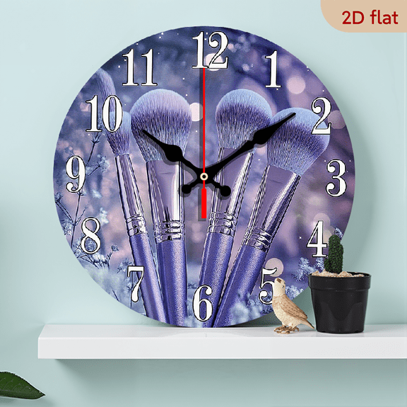 2D Flat 1pc 10Inch Wooden Wall Clock, Beauty Theme Purple Makeup Brush Pattern Design, Silent Clock, Suitable for Living Room, Bedroom, Kitchen, Office Decoration, Modern Home Decor