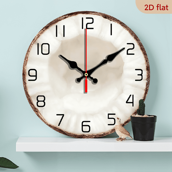 2D Flat 1pc 10Inch Wooden Wall Clock Coconut Top View Silent Non Ticking Wall Clock for Bedroom Summer Wall Art Tropical Fruit Decor Kitchen Fruit Shop Wall Watch for Modern Wall Decor