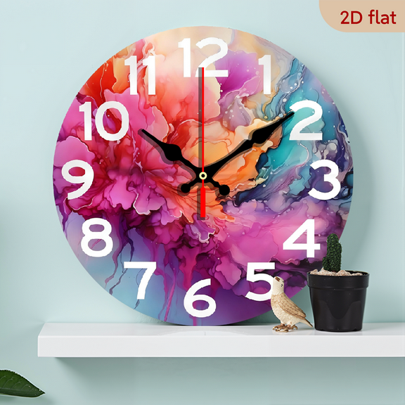 2D Flat 1pc 10Inch Wooden Wall Clock Colorful Watercolor Painting Battery Operated Wall Clocks Silent Non-Ticking Round Wall Clock for Living Room Kitchen Home Office Wall Decorative