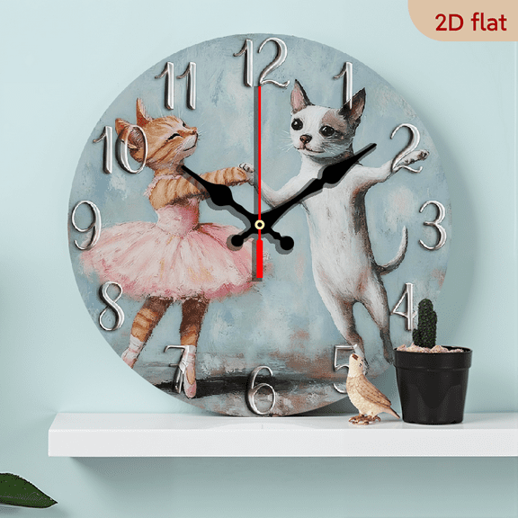 2D Flat 1pc 10Inch Wooden Wall Clock with Cute Cat Dog Ballet Design - Quiet Round Light Blue Background, Whimsical Animal Art for Bedroom, Living Room, Office, Kitchen, Bathroom Decor