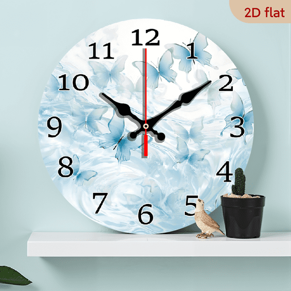 2D Flat 1pc 10Inch Wooden Wall Clock, Fantasy themed Blue Butterflies on a Light Blue Abstract Background Pattern, Round Silent Clock, Japanese Quartz Movement, Great for Bedroom and Living