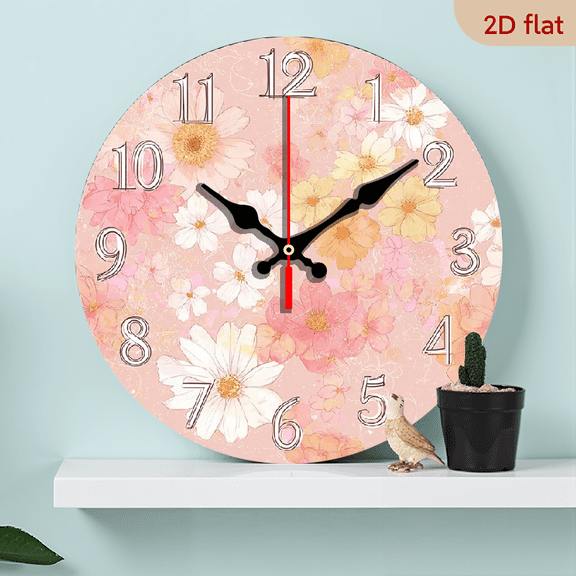 2D Flat 1pc 10Inch Wooden Wall Clock with Floral Pattern - Silent Non-Ticking Wooden Round Clock for Living Room, Bedroom, Office, Kitchen Decor - Pastel Pink White Design, Battery Operated