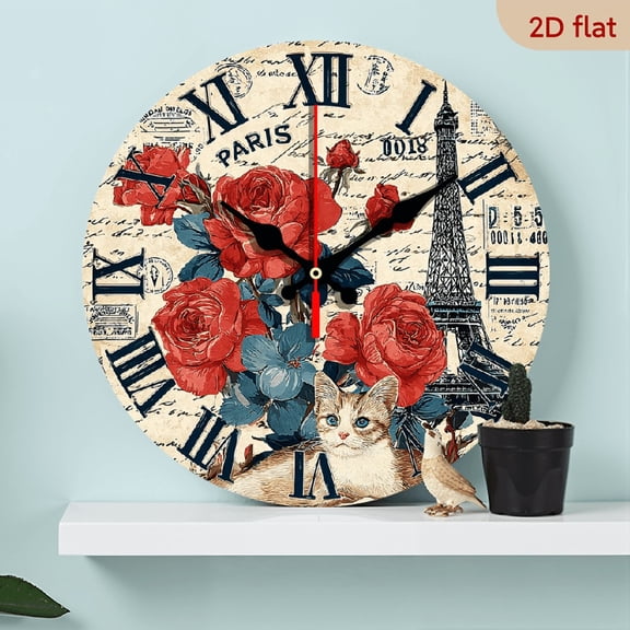 2D Flat 1pc 10Inch Wooden Wall Clock For Living Room, Bedroom, Office, 10Inch Round Wooden Vintage Parisian Floral Eiffel Tower Design, French-inspired Beige Blue Home Decor, Easy-to-read