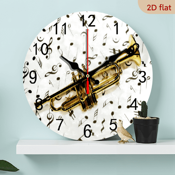 2D Flat 1pc 10Inch Wooden Wall Clock for Living Room Decor Trumpet Music Notes Instruments Hanging Round Desk Clocks Silent Non-Ticking Battery Operated Easy to Read Bathroom Kitchen Office