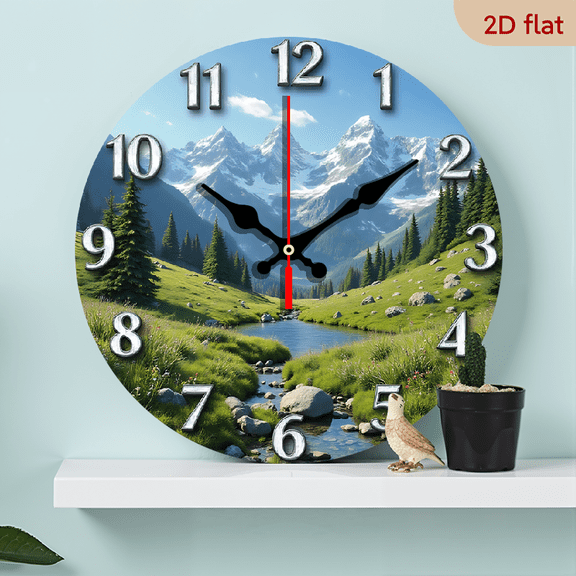 2D Flat 1pc 10Inch Wooden Wall Clock for Living Room Decoration, Snow Mountain Meadow Theme, Round Silent Clocks, No Ticking Noise, Ideal for Bedroom, Office, Cafe, Party Decor, Holiday Gift