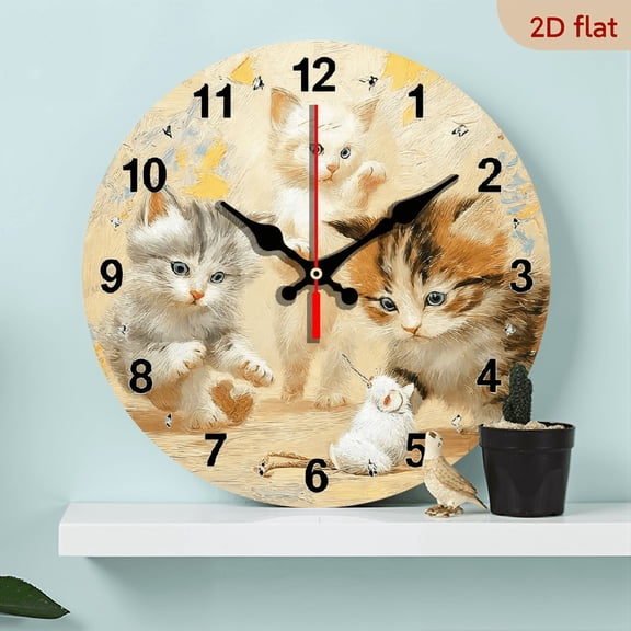 2D Flat 1pc 10Inch Wooden Wall Clock, Non-Ticking, Round Abstract Kitten Toy Mouse Design, 20cm (AA Battery Not Included) for Bedroom, Living Room, Dining, Hallway, Study Decor