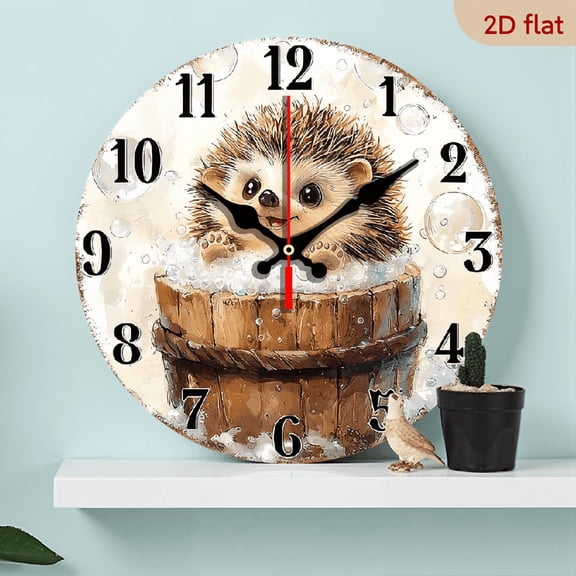 2D Flat 1pc 10Inch Wooden Wall Clock Non-Ticking Wooden, Circular Clock Cute hedgehog taking a bubble bath Design for Foyer, Kitchen, Home Office, Studio, Guest Room 20cm (No Battery)
