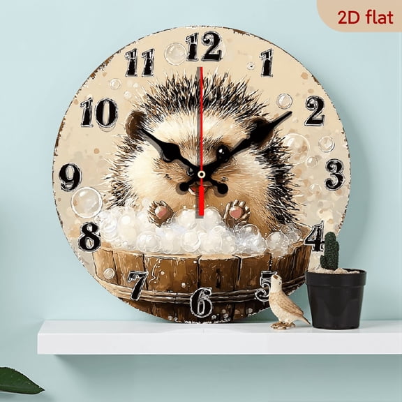 2D Flat 1pc 10Inch Wooden Wall Clock Non-Ticking Wooden, Circular Clock Cute hedgehog taking a bubble bath Design for Foyer, Kitchen, Home Office, Studio, Guest Room 25cm (No Battery)