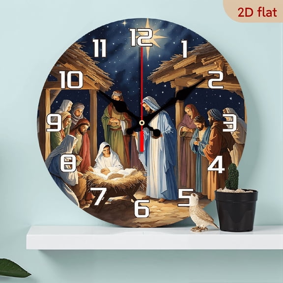 2D Flat 1pc 10Inch Wooden Wall Clock with Religious Nativity Scene Design Silent, Battery Operated (AA Not Included) Ideal for Home, Church, Office Decor Handcrafted Artistic Birthday Gift