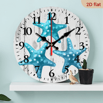 2D Flat 1pc 10Inch Wooden Wall Clock Round Silent Non Ticking Nautical Beach Ocean Theme Underwater Starfish Frameless Wall Clocks Under The Sea Octopus Crab Fish Home Decor for Washroom Patio Gym