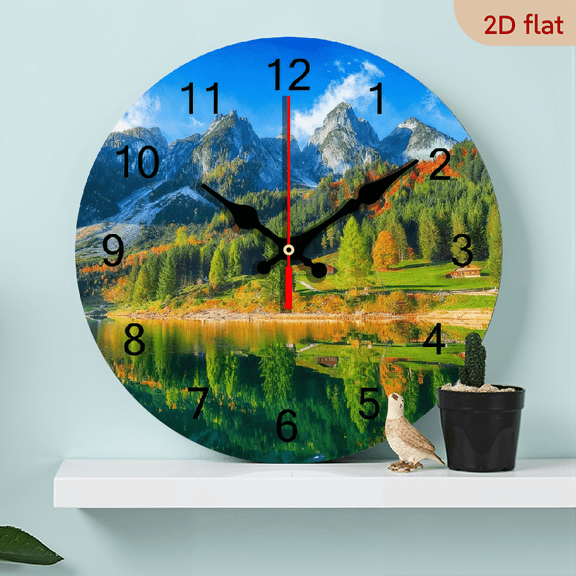 2D Flat 1pc 10Inch Wooden Wall Clock Silent Non Ticking Clocks, Idyllic Colorful Autumn Scenery with Dachstein Mountain Austria, Battery Operated 10in, Round Farmhouse Clock