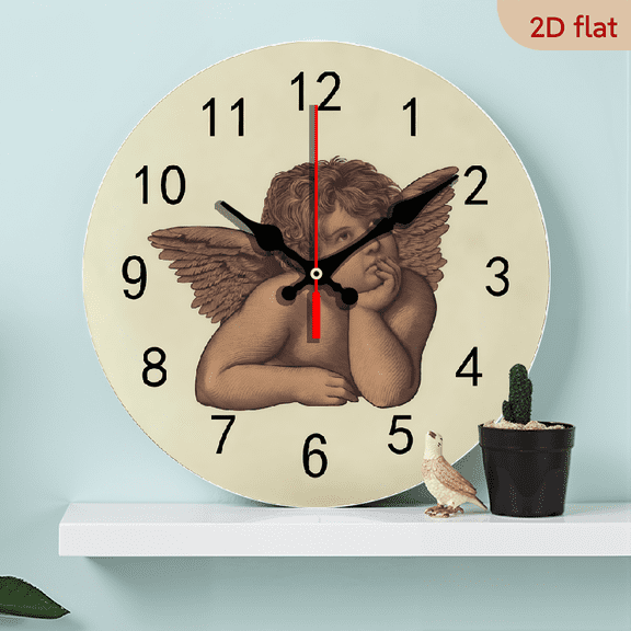 2D Flat 1pc 10Inch Wooden Wall Clock Silent Non Ticking Cute Angels Vintage Battery Operated Frameless Decoration Home Office Bedroom School