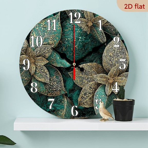 2D Flat 1pc 10Inch Wooden Wall Clock Silent Non Ticking, Golden Floral Green Leaves Design, AA Battery Operated (Not Included) for Bedroom, Dining, Hallway, Study, Dining Room Decor