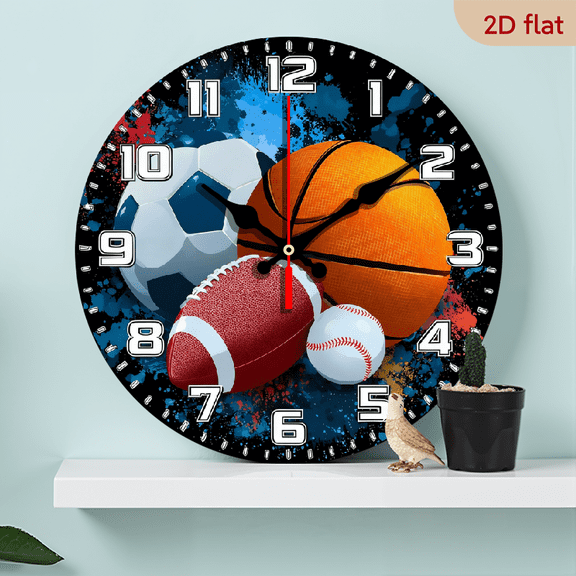 2D Flat, 1pc 10Inch Wooden Wall Clock with Sports Ball Design - 2D HD Printed Soccer, Basketball, Baseball Tennis Ball Patterns - Easy to Hang, Modern Home Decor for Living Room Bedroom, Durable W