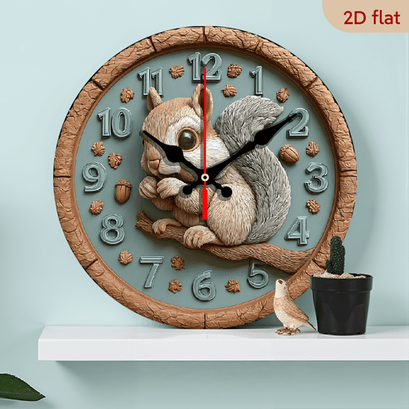2D Flat 1pc 10Inch Wooden Wall Clock with Squirrel Holding Acorn Design Silent Non Ticking Movement, Battery Operated (AA Not Included) Unique Gift for Living Room, Bedroom, Office, Kitchen