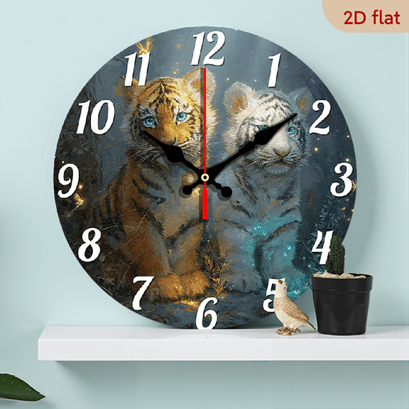 2D Flat 1pc 10Inch Wooden Wall Clock with Tiger Cubs Design Non Ticking, Battery Operated, Round Fantasy Forest Theme for Living Room, Bedroom, Kitchen, Entryway, Office Decor