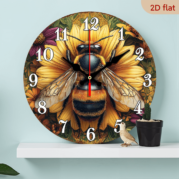 2D Flat 1pc 10Inch Wooden Wall Clock with Vintage Bee and Floral Design Silent Round Analog Clock for Living Room, Kitchen, Office Decor Ideal Birthday Gift (AA Battery Not Included)