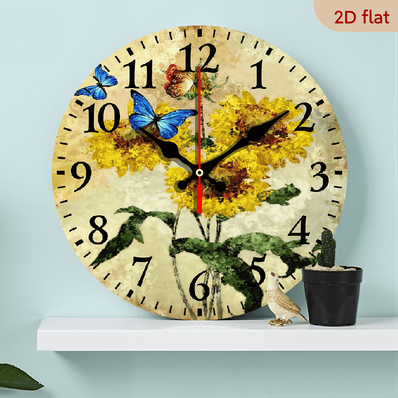 2D Flat 1pc 10Inch Wooden Wall Clock Yellow Sunflower with Butterfly ...