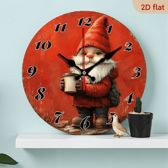 2D Flat 1pc 10Inch Wooden Wall clock Retro Style Festive gnome clock design Round Silent Clock for Living room, kitchen, bedroom, room Thanksgiving, Christmas decoration, ideal birthday gift