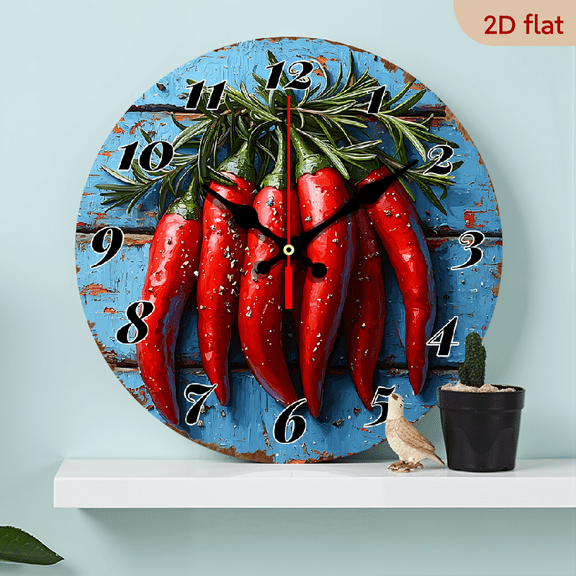 2D Flat 1pc 10Inch Wooden Wall clock Retro Style Red chili peppers with herbs on rustic clock Round Silent Clock for Living room, dining room, kitchen, bedroom office Thanksgiving