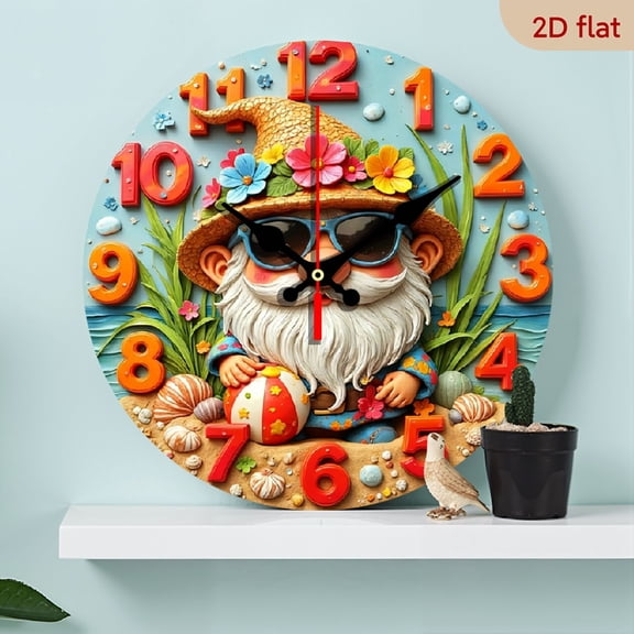2D Flat 1pc 10Inch Wooden Whimsical Gnome Beach Design Wall Clock - Silent Quartz Movement, Vibrant Cartoon-Style Gnome with Fashion Glasses Seashells, Colorful Floral Patterns