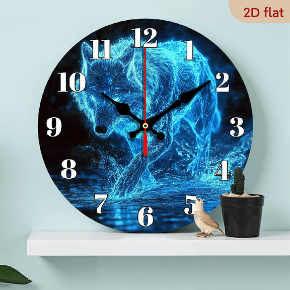 2D Flat 1pc 10Inch Wooden Wolf Wall Clock Silent Modern Round Clock, Large Easy-Read Black Hands White Face, Durable Wood Construction