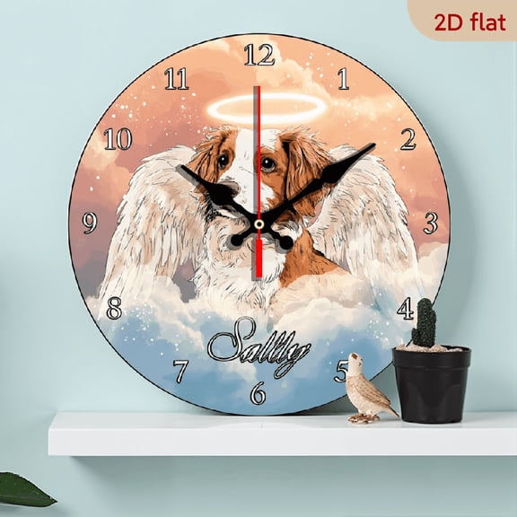 2D Flat 1pc 10Inch Wooden Yorkshire Terrier with Wings Dog in Heaven Hanging Wall Clock Custom Memorial Angel Dog Round Clocks Dog Owner Gift Wall Clocks Battery Operated Wall Clock