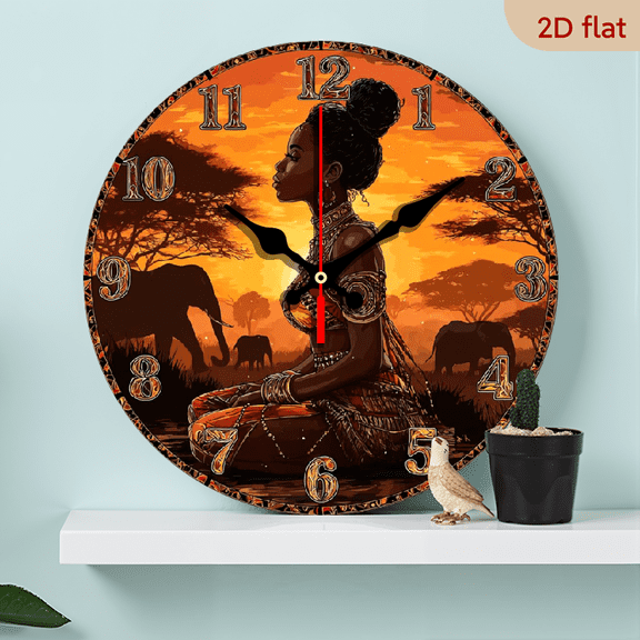 2D Flat 1pc 10Inch Wooden&nbsp;African Exotic Wall Clock - Silent Quartz Movement, Vibrant Sunset Design with Elephants Traditional Attire, Round Shape, AA Battery Not Include
