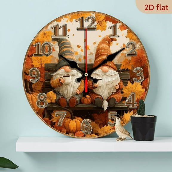 2D Flat 1pc 10Inch WoodenAutumn Gnome Wall Clock - Silent Non-Ticking Battery Operated (AA Not Included), Rustic Fall Decor with 2D Dwarf Design, Artificial Wood Round Clock for Lake House