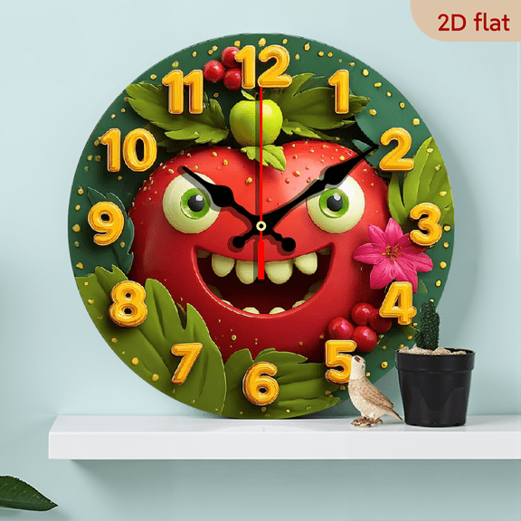 2D Flat 1pc 10Inch WoodenElegant, Modern And Simple Tomato Themed Wall Clock Adopts a Silent Quartz Movement Digital Art Design Is an Ideal Choice for Wall Decoration And