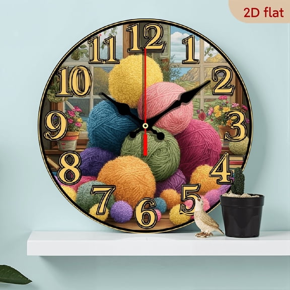 2D Flat 1pc 10Inch WoodenNon-Electric 2D Flat Knitted Ball Theme Round Wooden Wall Clock, 1pc, Suitable for Cafes Classrooms Home Office Bedroom Kitchen Garage Decorative Timepiece
