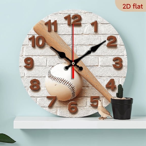 2D Flat 1pc 10Inch WoodenSilent Non-Ticking Wall Clock with 2D Baseball Design, Wooden Round Analog Clock for Home, Kitchen, Pool, Bathroom - AA Battery Operated (Not Included)