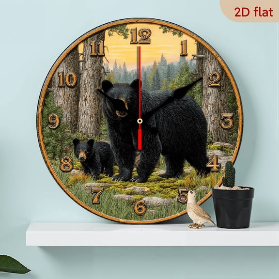 2D Flat 1pc 10Inch WoodenVintage Black Bear And Themed Wooden Round Wall Clock, Farmhouse Style Home Decor, Suitable for Kitchen, Bedroom, Office, Silent Operation, Battery Not Included
