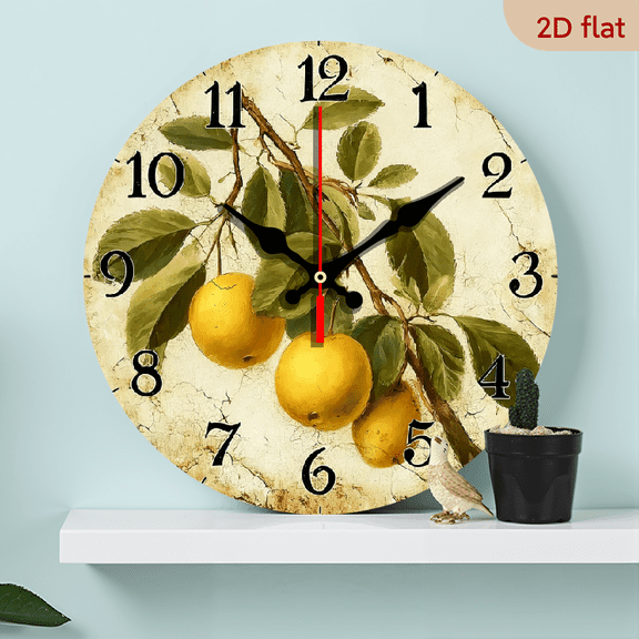 2D Flat 1pc 10Inch WoodenVintage Lemon Branch Wall Clock - Non-Ticking Silent Movement, Farmhouse Decor with Beige Background - Compatible with AA Batteries (Not Included) - for Living Room